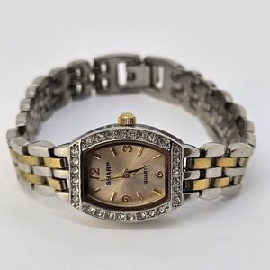 Sharp Women's Watch 19MM Gold Dial Crystal Bezel Two Tone Bracelet 6.25" NewBatt